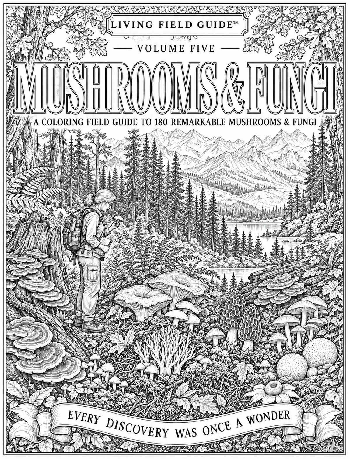 Black-and-white title page for Volume Five, Mushrooms and Fungi
